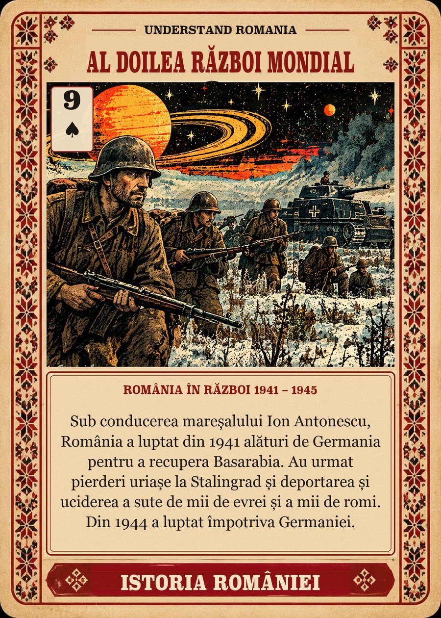 AL DOILEA RĂZBOI MONDIAL — România în război 1941 – 1945. Sub conducerea mareșalului Ion Antonescu, România a luptat din 1941 alături de Germania pentru a recupera Basarabia. Au urmat pierderi uriașe la Stalingrad și deportarea și uciderea a sute de mii de evrei și a mii de romi. Din 1944 a luptat împotriva Germaniei.