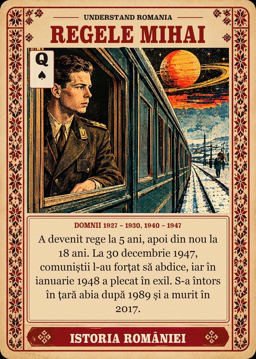 REGELE MIHAI — domnii 1927 – 1930, 1940 – 1947. A devenit rege la 5 ani, apoi din nou la 18 ani. La 30 decembrie 1947, comuniștii l-au forțat să abdice, iar în ianuarie 1948 a plecat în exil. S-a întors în țară abia după 1989 și a murit în 2017.