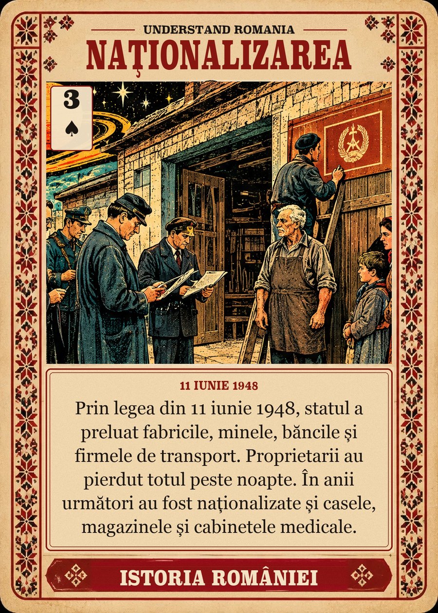 NAȚIONALIZAREA — 11 iunie 1948. Prin legea din 11 iunie 1948, statul a preluat fabricile, minele, băncile și firmele de transport. Proprietarii au pierdut totul peste noapte. În anii următori au fost naționalizate și casele, magazinele și cabinetele medicale.