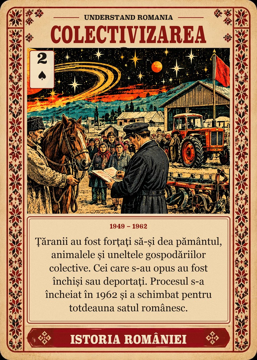 COLECTIVIZAREA — 1949 – 1962. Țăranii au fost forțați să-și dea pământul, animalele și uneltele gospodăriilor colective. Cei care s-au opus au fost închiși sau deportați. Procesul s-a încheiat în 1962 și a schimbat pentru totdeauna satul românesc.