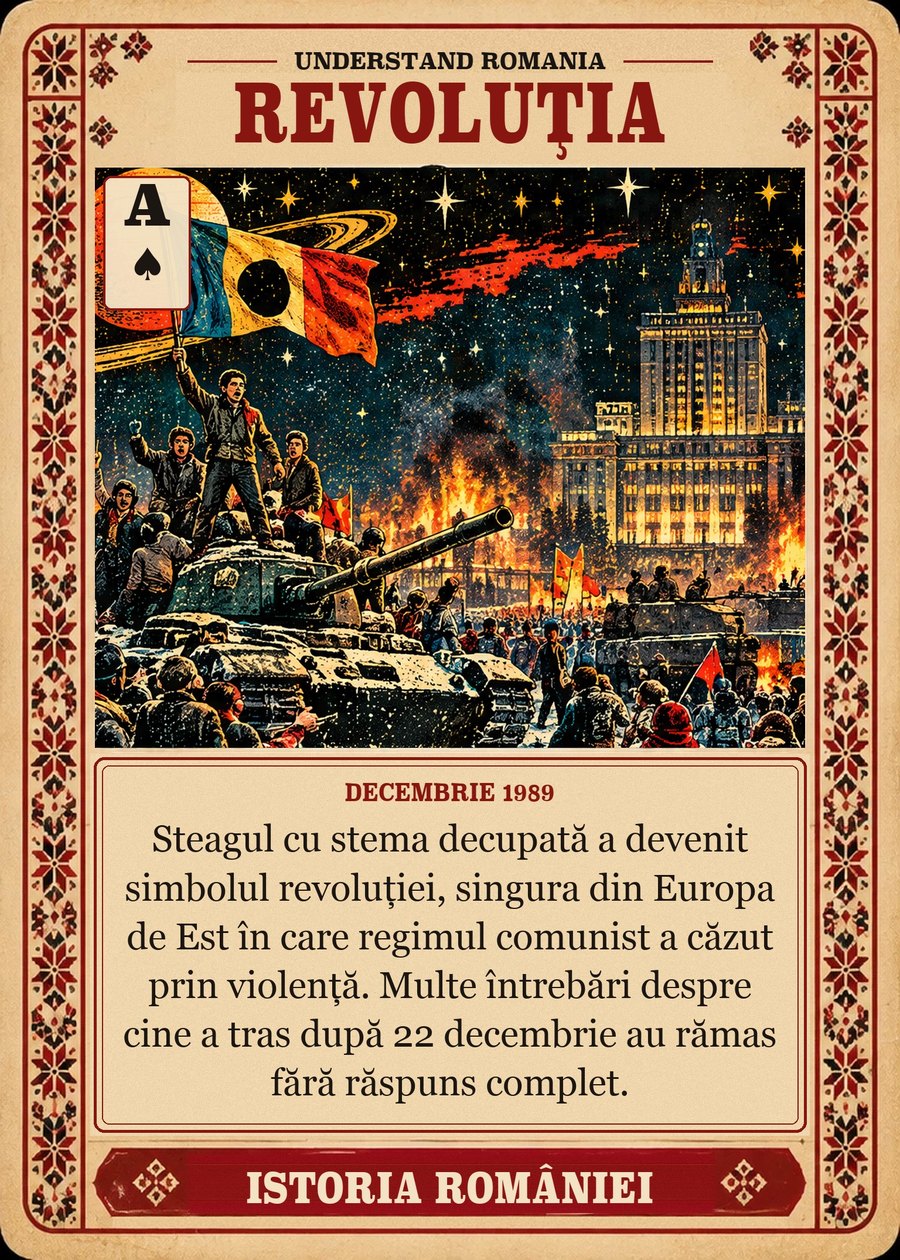 REVOLUȚIA — decembrie 1989. Steagul cu stema decupată a devenit simbolul revoluției, singura din Europa de Est în care regimul comunist a căzut prin violență. Multe întrebări despre cine a tras după 22 decembrie au rămas fără răspuns complet.