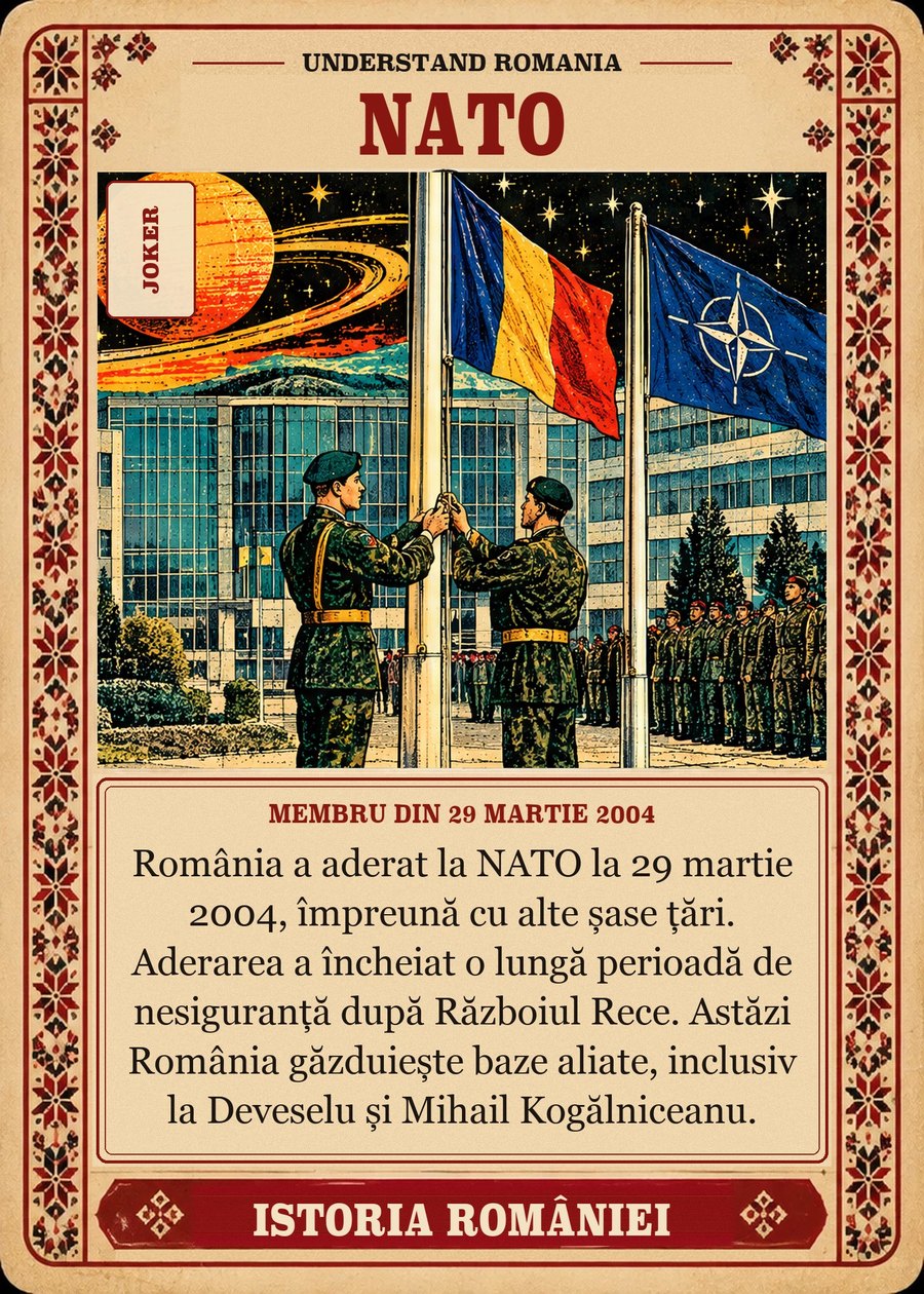 NATO — membru din 29 martie 2004. România a aderat la NATO la 29 martie 2004, împreună cu alte șase țări. Aderarea a încheiat o lungă perioadă de nesiguranță după Războiul Rece. Astăzi România găzduiește baze aliate, inclusiv la Deveselu și Mihail Kogălniceanu.