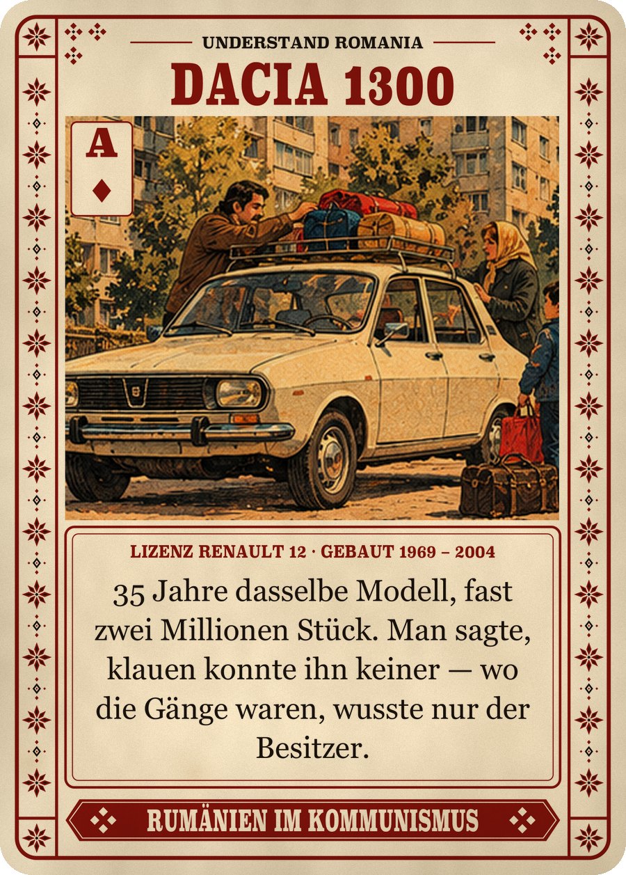 DACIA 1300 — Lizenz Renault 12 · gebaut 1969 – 2004. 35 Jahre dasselbe Modell, fast zwei Millionen Stück. Man sagte, klauen konnte ihn keiner — wo die Gänge waren, wusste nur der Besitzer.