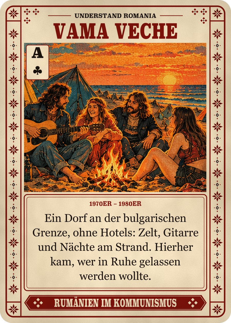VAMA VECHE — 1970er – 1980er. Ein Dorf an der bulgarischen Grenze, ohne Hotels: Zelt, Gitarre und Nächte am Strand. Hierher kam, wer in Ruhe gelassen werden wollte.