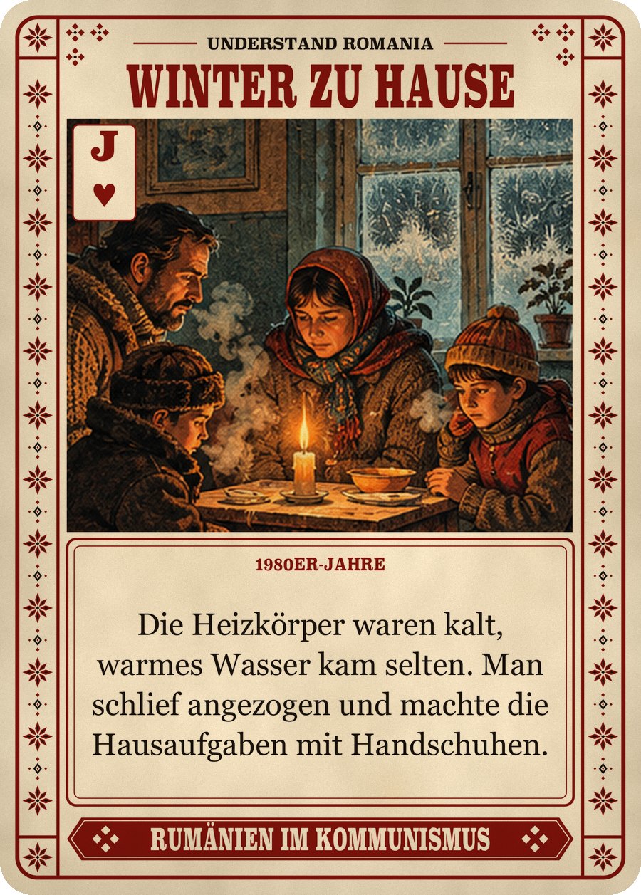 WINTER ZU HAUSE — 1980er-Jahre. Die Heizkörper waren kalt, warmes Wasser kam selten. Man schlief angezogen und machte die Hausaufgaben mit Handschuhen.