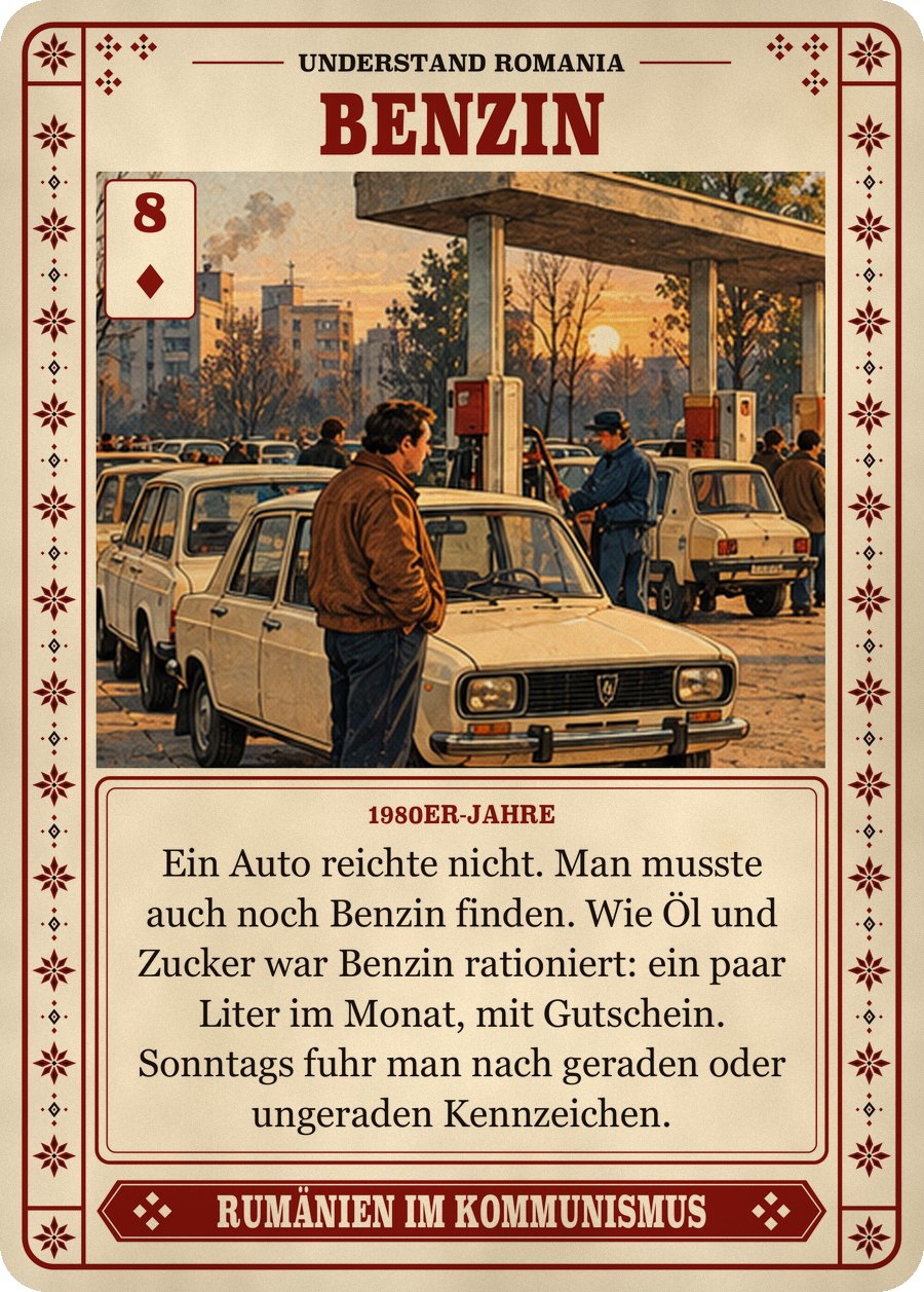 BENZIN — 1980er-Jahre. Ein Auto reichte nicht. Man musste auch noch Benzin finden. Wie Öl und Zucker war Benzin rationiert: ein paar Liter im Monat, mit Gutschein. Sonntags fuhr man nach geraden oder ungeraden Kennzeichen.