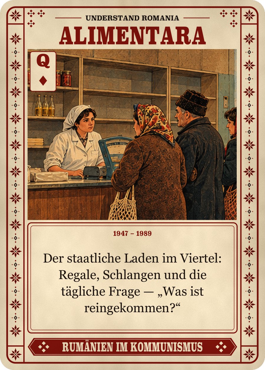 ALIMENTARA — 1947 – 1989. Der staatliche Laden im Viertel: Regale, Schlangen und die tägliche Frage — „Was ist reingekommen?“