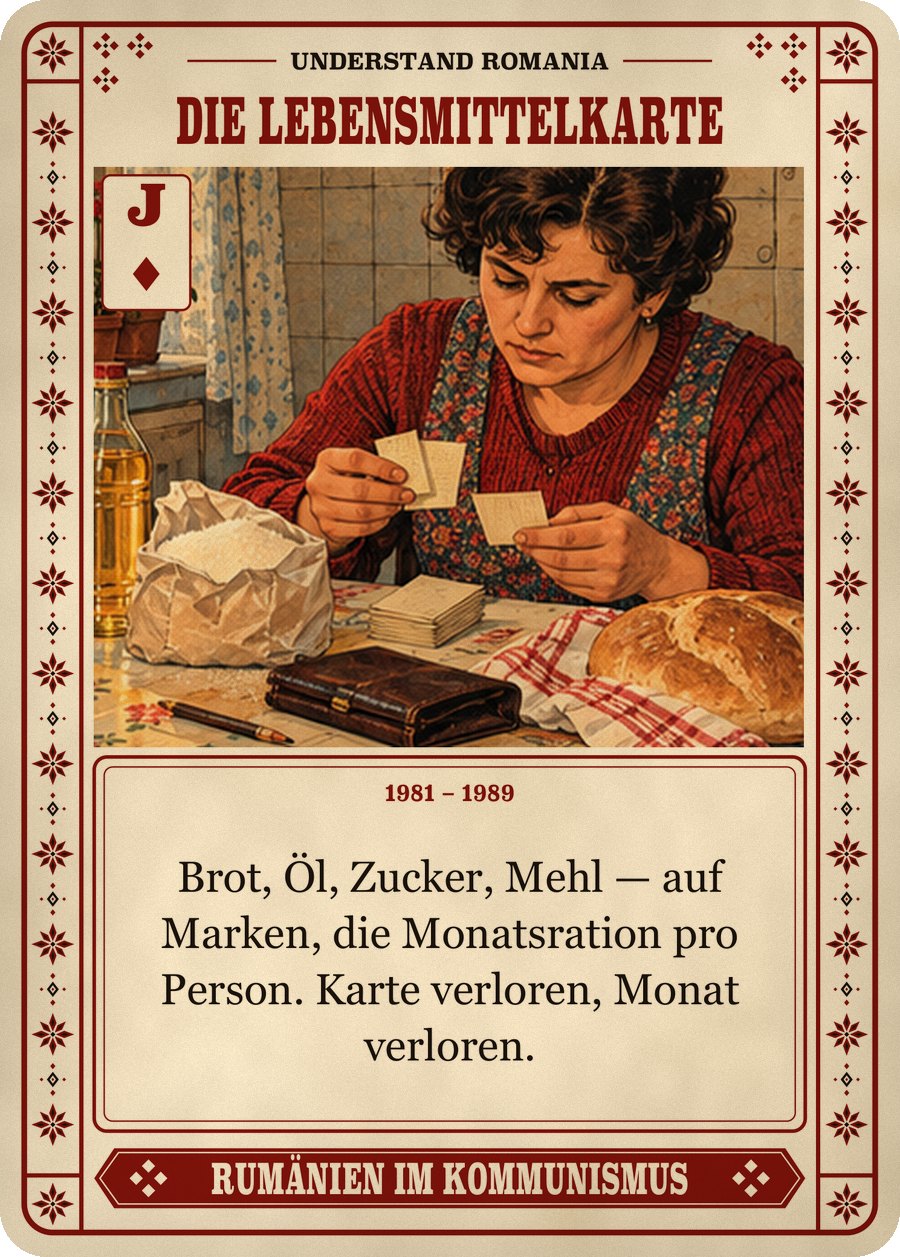 DIE LEBENSMITTELKARTE — 1981 – 1989. Brot, Öl, Zucker, Mehl — auf Marken, die Monatsration pro Person. Karte verloren, Monat verloren.