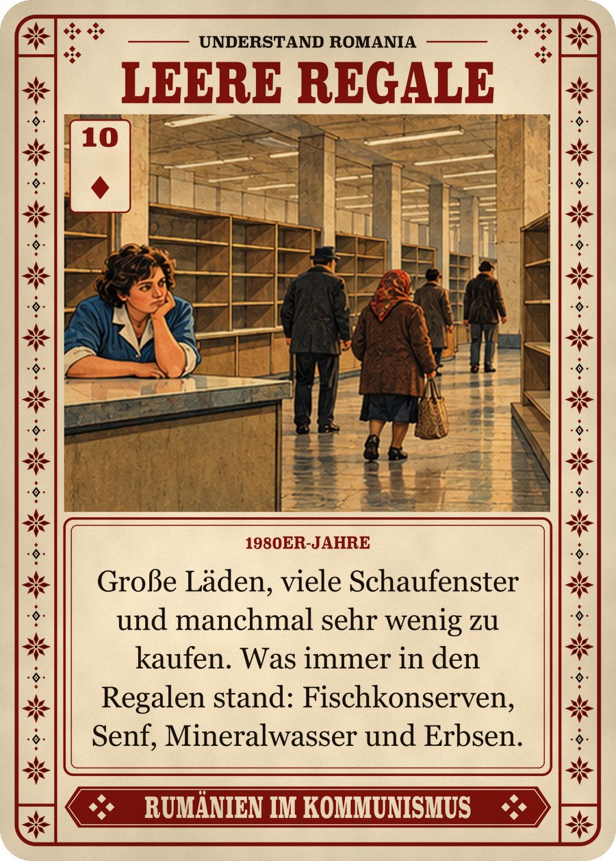 LEERE REGALE — 1980er-Jahre. Große Läden, viele Schaufenster und manchmal sehr wenig zu kaufen. Was immer in den Regalen stand: Fischkonserven, Senf, Mineralwasser und Erbsen.