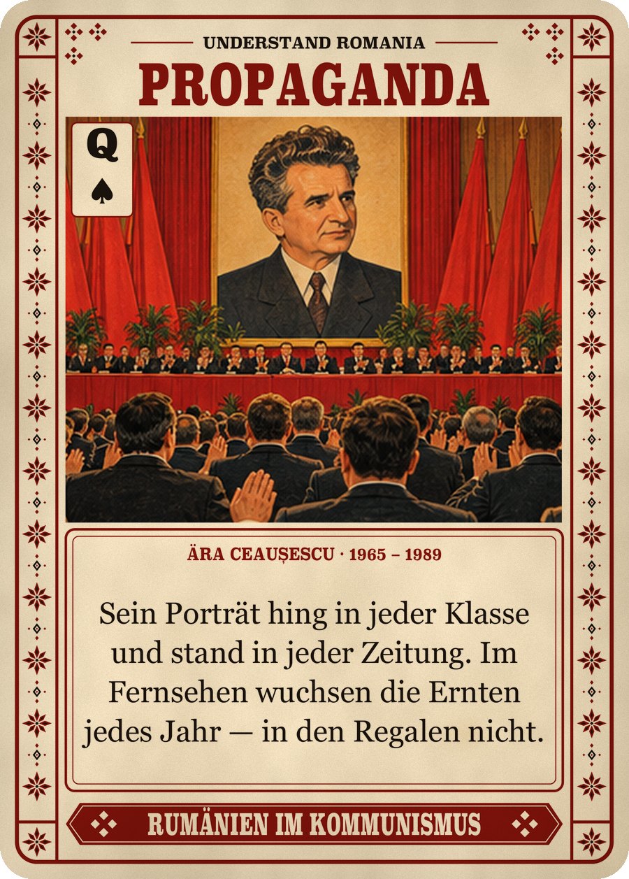 PROPAGANDA — Ära Ceaușescu · 1965 – 1989. Sein Porträt hing in jeder Klasse und stand in jeder Zeitung. Im Fernsehen wuchsen die Ernten jedes Jahr — in den Regalen nicht.