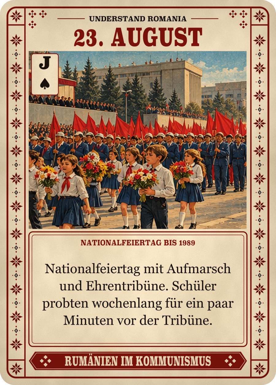 23. AUGUST — Nationalfeiertag bis 1989. Nationalfeiertag mit Aufmarsch und Ehrentribüne. Schüler probten wochenlang für ein paar Minuten vor der Tribüne.