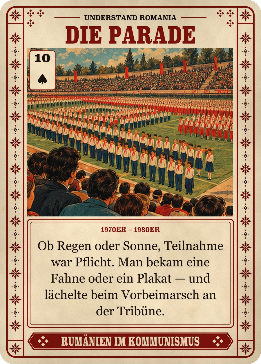 DIE PARADE — 1970er – 1980er. Ob Regen oder Sonne, Teilnahme war Pflicht. Man bekam eine Fahne oder ein Plakat — und lächelte beim Vorbeimarsch an der Tribüne.