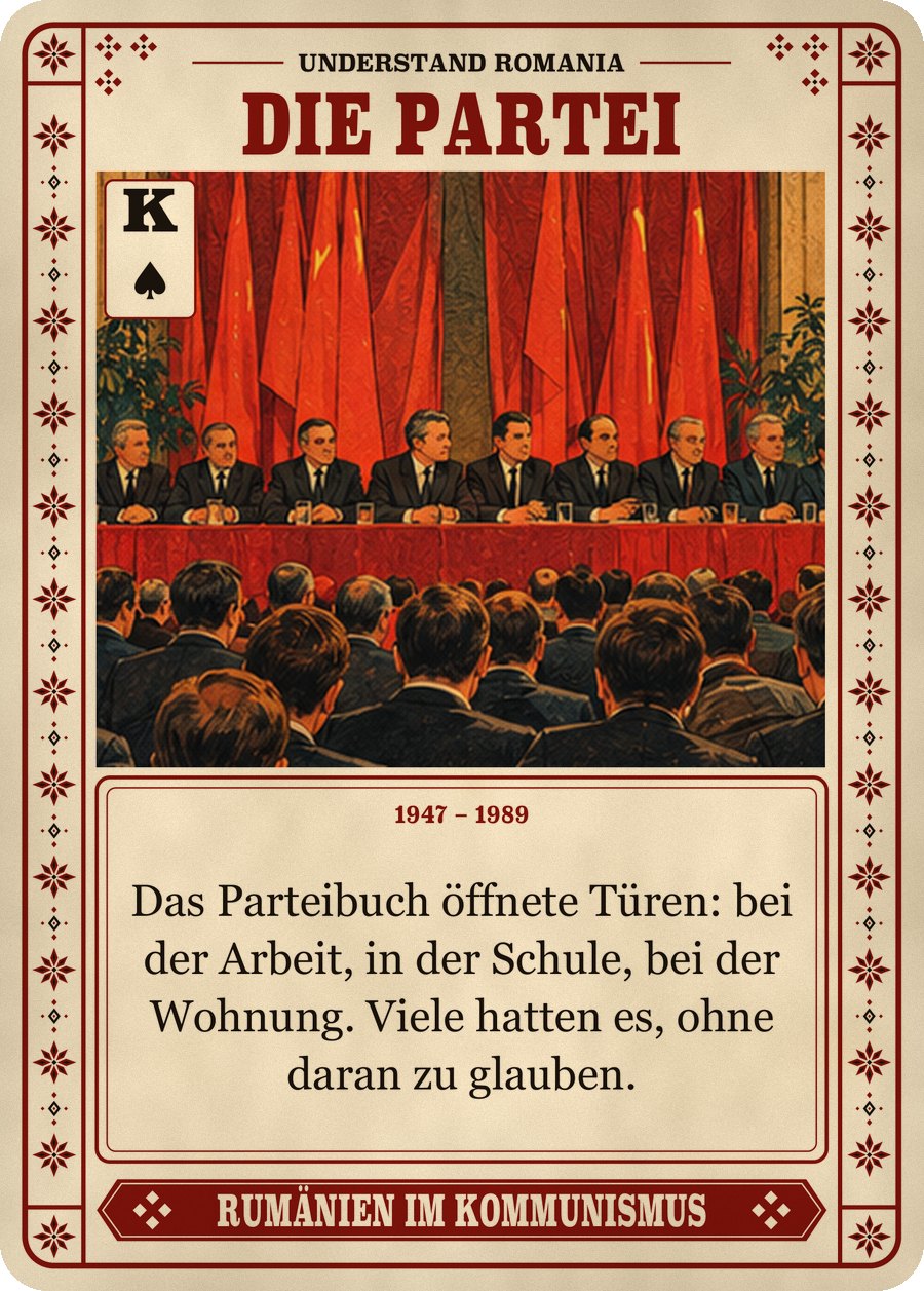 DIE PARTEI — 1947 – 1989. Das Parteibuch öffnete Türen: bei der Arbeit, in der Schule, bei der Wohnung. Viele hatten es, ohne daran zu glauben.