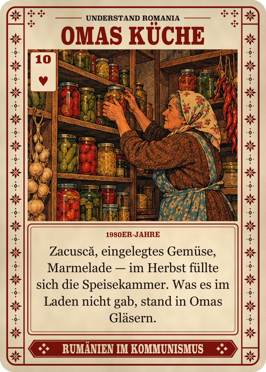 OMAS KÜCHE — 1980er-Jahre. Zacuscă, eingelegtes Gemüse, Marmelade — im Herbst füllte sich die Speisekammer. Was es im Laden nicht gab, stand in Omas Gläsern.