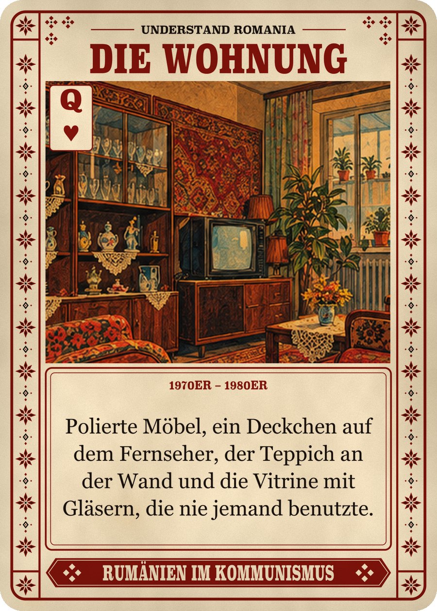 DIE WOHNUNG — 1970er – 1980er. Polierte Möbel, ein Deckchen auf dem Fernseher, der Teppich an der Wand und die Vitrine mit Gläsern, die nie jemand benutzte.