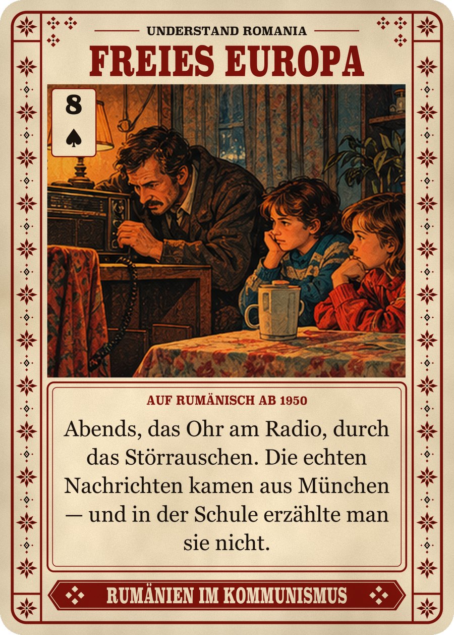 FREIES EUROPA — auf Rumänisch ab 1950. Abends, das Ohr am Radio, durch das Störrauschen. Die echten Nachrichten kamen aus München — und in der Schule erzählte man sie nicht.