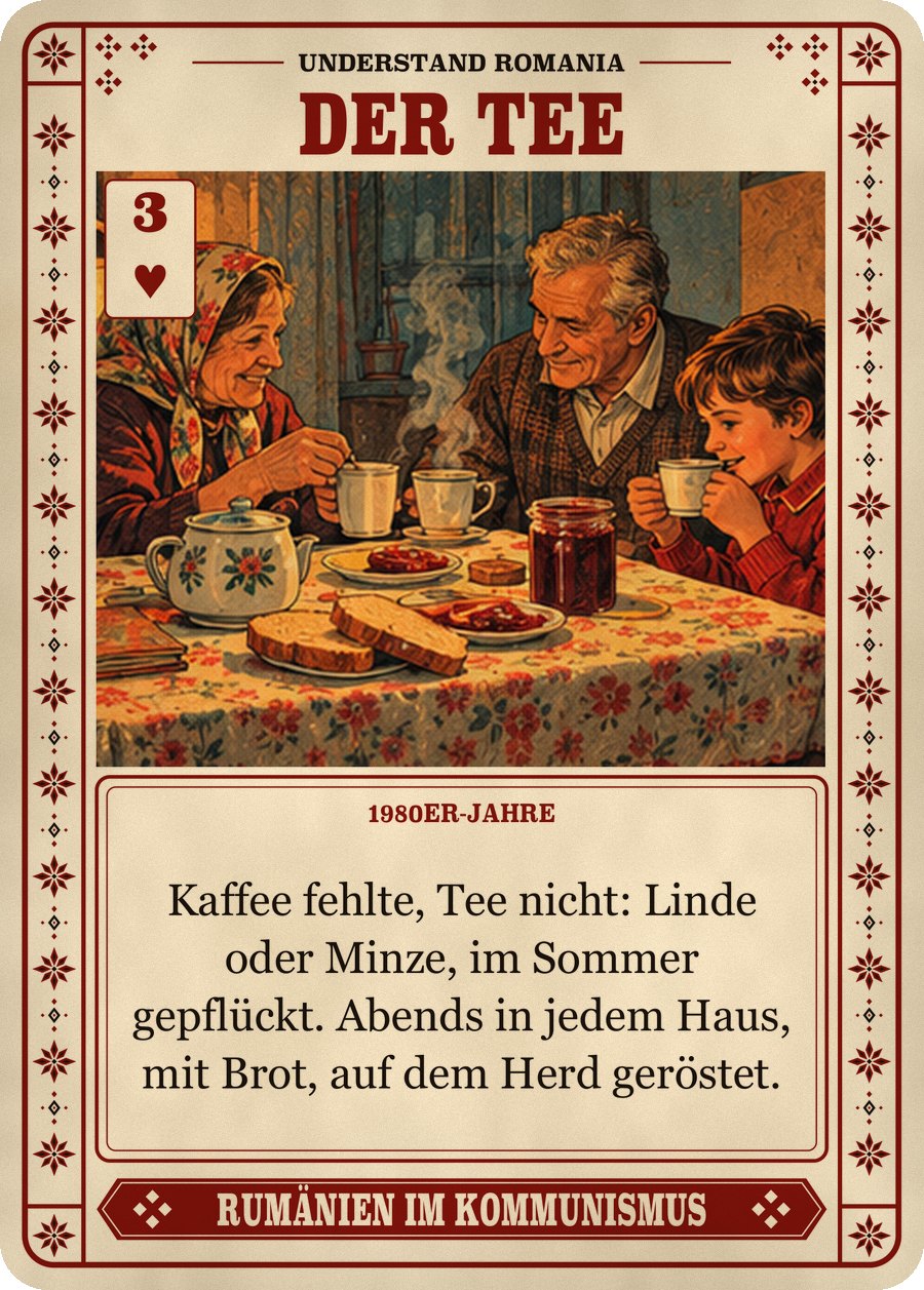 DER TEE — 1980er-Jahre. Kaffee fehlte, Tee nicht: Linde oder Minze, im Sommer gepflückt. Abends in jedem Haus, mit Brot, auf dem Herd geröstet.