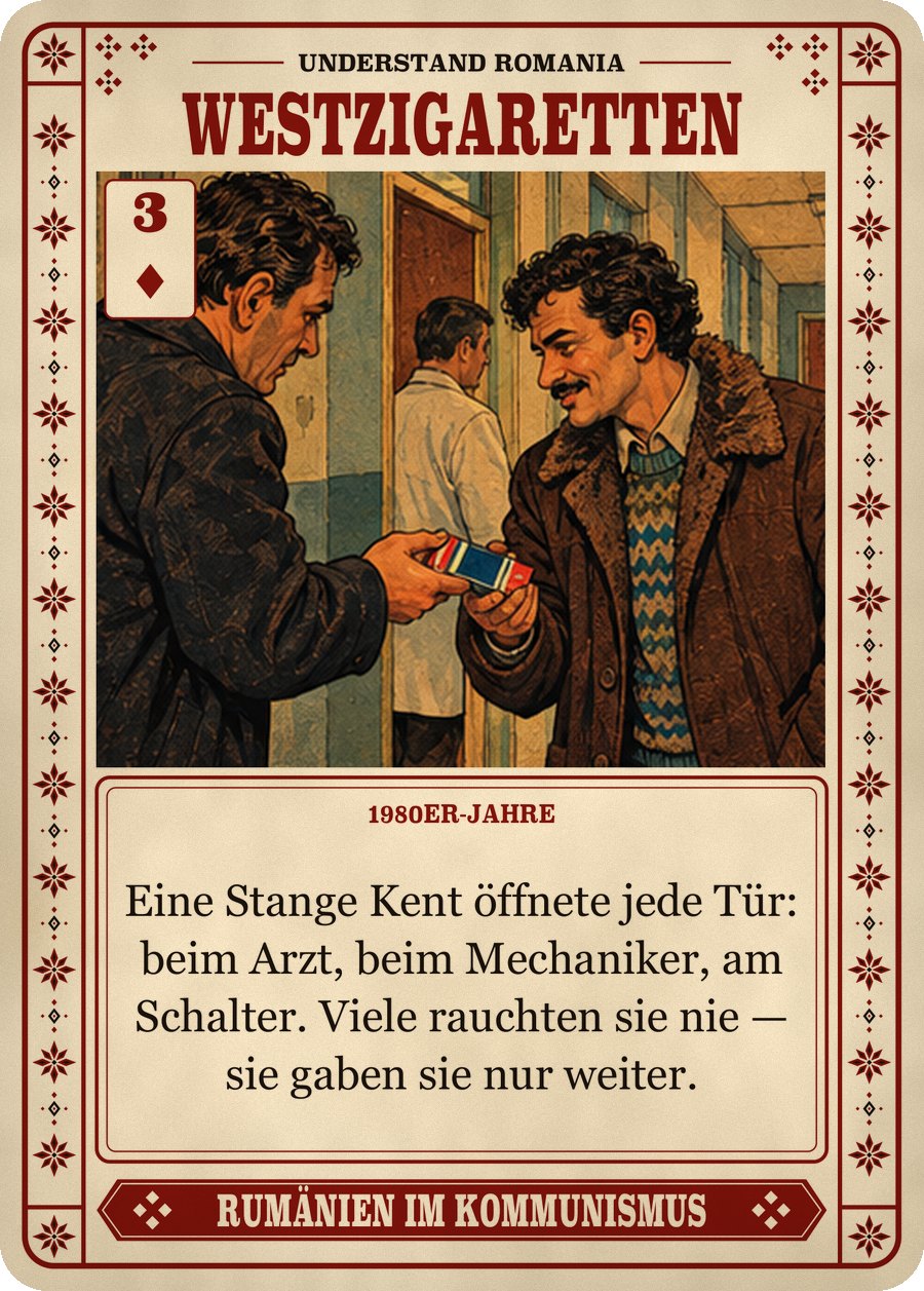 WESTZIGARETTEN — 1980er-Jahre. Eine Stange Kent öffnete jede Tür: beim Arzt, beim Mechaniker, am Schalter. Viele rauchten sie nie — sie gaben sie nur weiter.