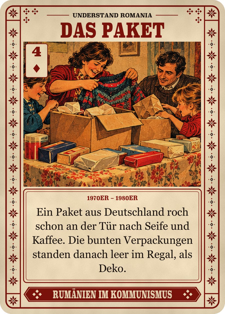 DAS PAKET — 1970er – 1980er. Ein Paket aus Deutschland roch schon an der Tür nach Seife und Kaffee. Die bunten Verpackungen standen danach leer im Regal, als Deko.
