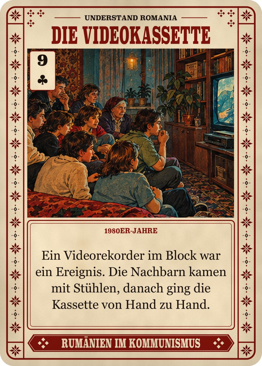 DIE VIDEOKASSETTE — 1980er-Jahre. Ein Videorekorder im Block war ein Ereignis. Die Nachbarn kamen mit Stühlen, danach ging die Kassette von Hand zu Hand.