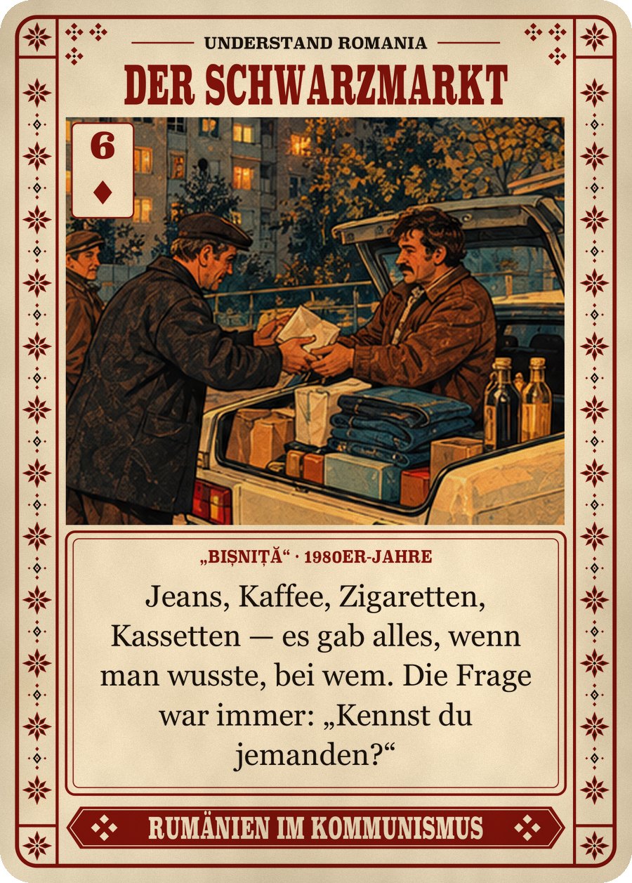 DER SCHWARZMARKT — „Bișniță“ · 1980er-Jahre. Jeans, Kaffee, Zigaretten, Kassetten — es gab alles, wenn man wusste, bei wem. Die Frage war immer: „Kennst du jemanden?“
