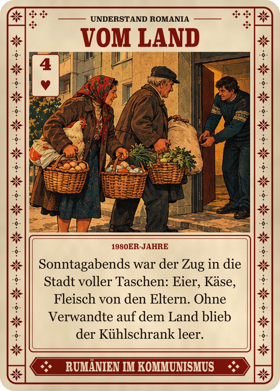 VOM LAND — 1980er-Jahre. Sonntagabends war der Zug in die Stadt voller Taschen: Eier, Käse, Fleisch von den Eltern. Ohne Verwandte auf dem Land blieb der Kühlschrank leer.