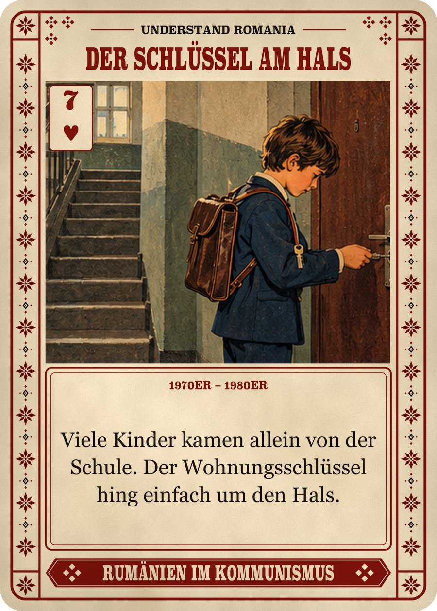 DER SCHLÜSSEL AM HALS — 1970er – 1980er. Viele Kinder kamen allein von der Schule. Der Wohnungsschlüssel hing einfach um den Hals.
