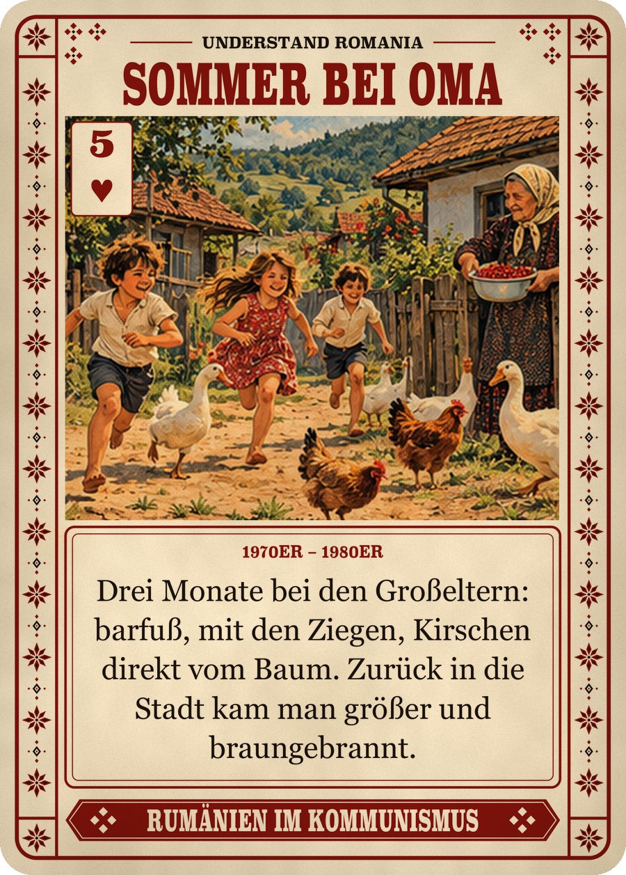 SOMMER BEI OMA — 1970er – 1980er. Drei Monate bei den Großeltern: barfuß, mit den Ziegen, Kirschen direkt vom Baum. Zurück in die Stadt kam man größer und braungebrannt.