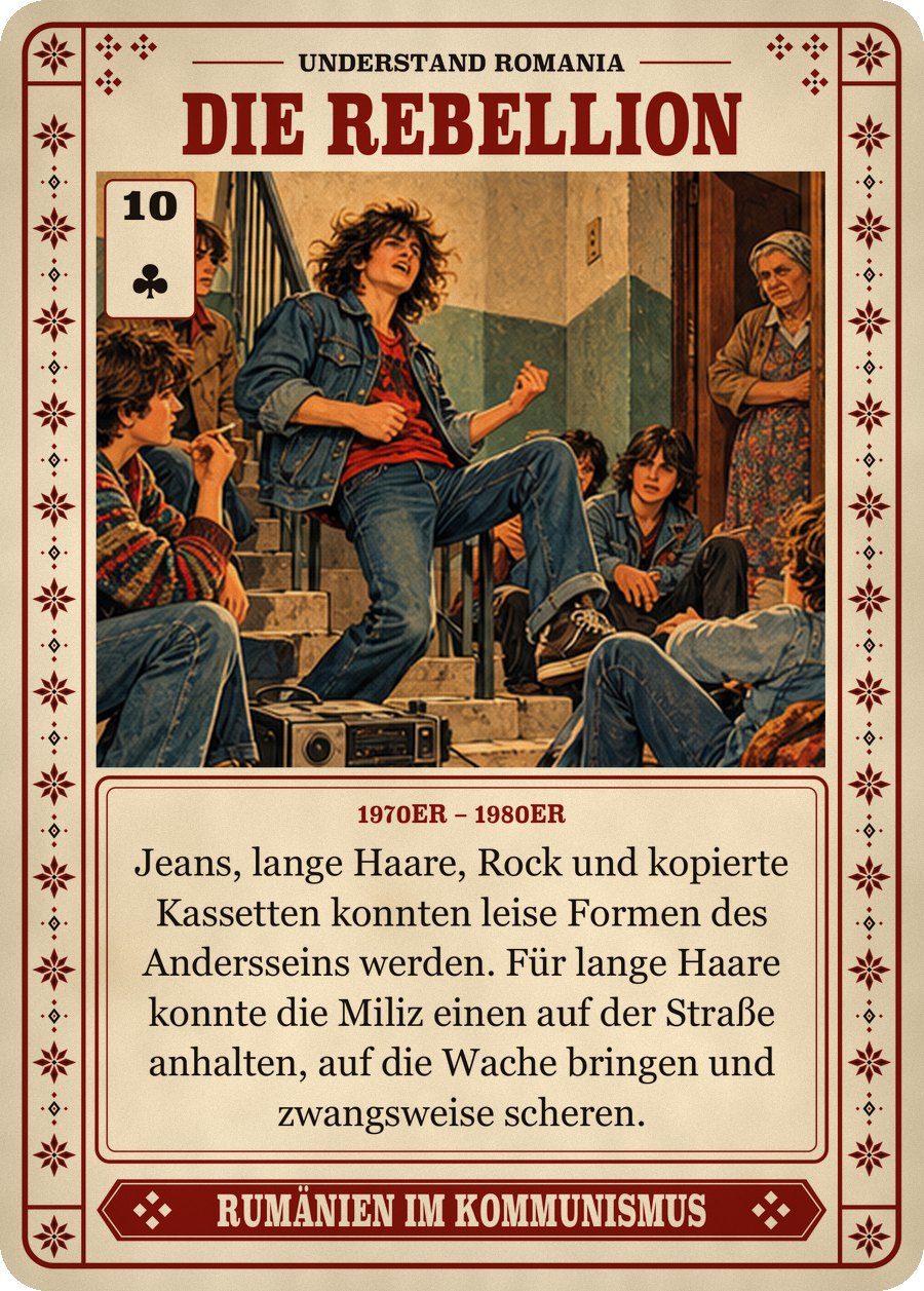 DIE REBELLION — 1970er – 1980er. Jeans, lange Haare, Rock und kopierte Kassetten konnten leise Formen des Andersseins werden. Für lange Haare konnte die Miliz einen auf der Straße anhalten, auf die Wache bringen und zwangsweise scheren.