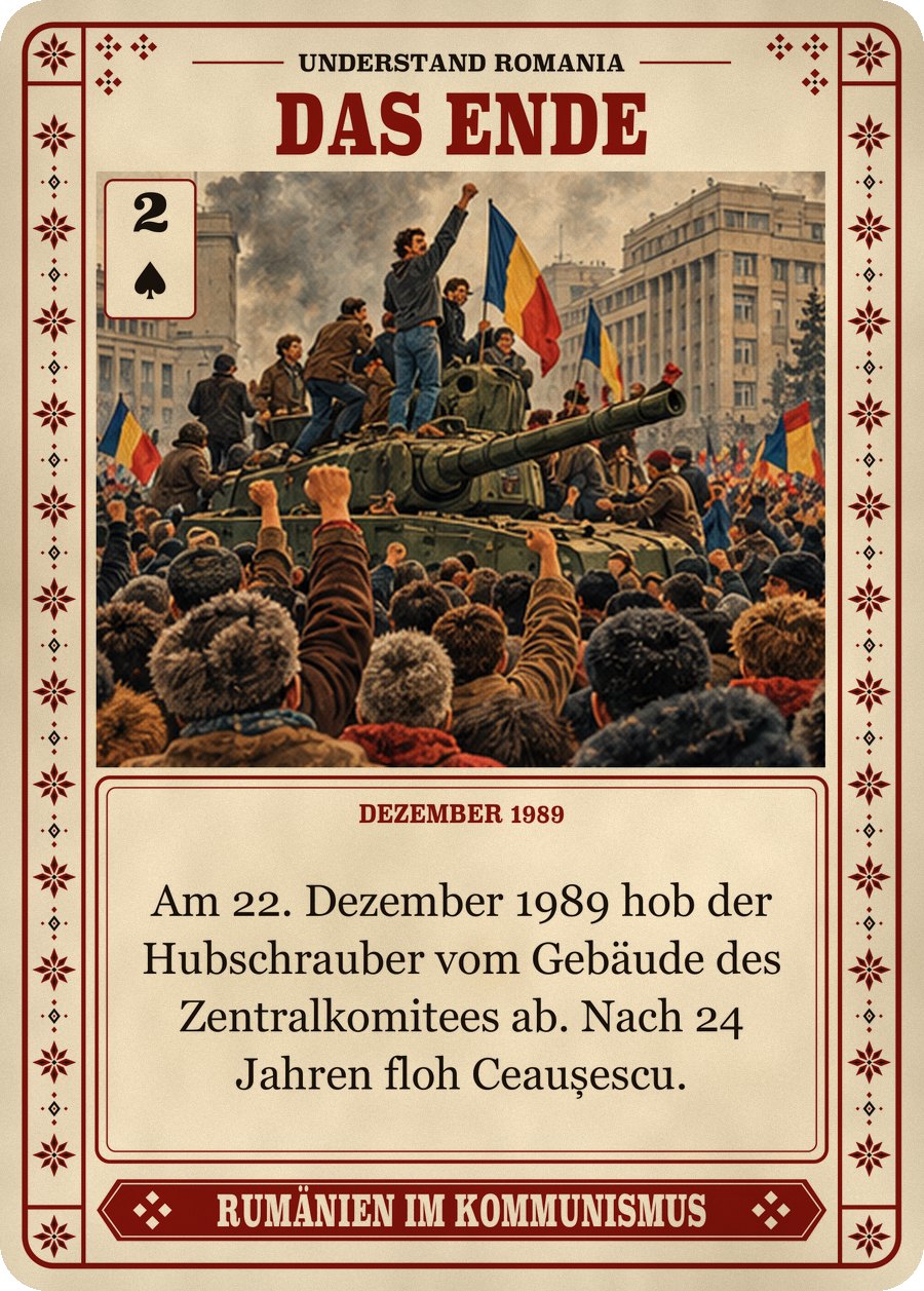 DAS ENDE — Dezember 1989. Am 22. Dezember 1989 hob der Hubschrauber vom Gebäude des Zentralkomitees ab. Nach 24 Jahren floh Ceaușescu.