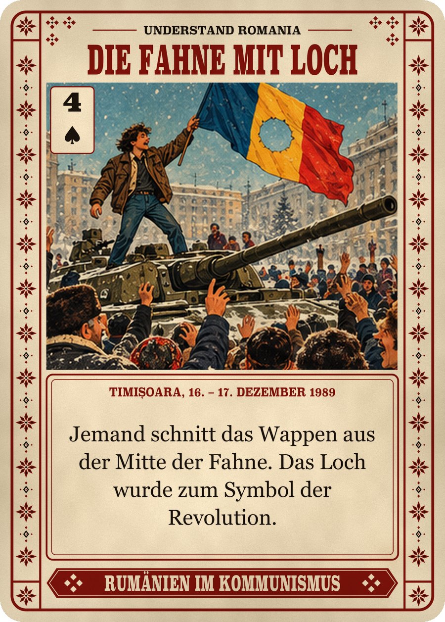 DIE FAHNE MIT LOCH — Timișoara, 16. – 17. Dezember 1989. Jemand schnitt das Wappen aus der Mitte der Fahne. Das Loch wurde zum Symbol der Revolution.