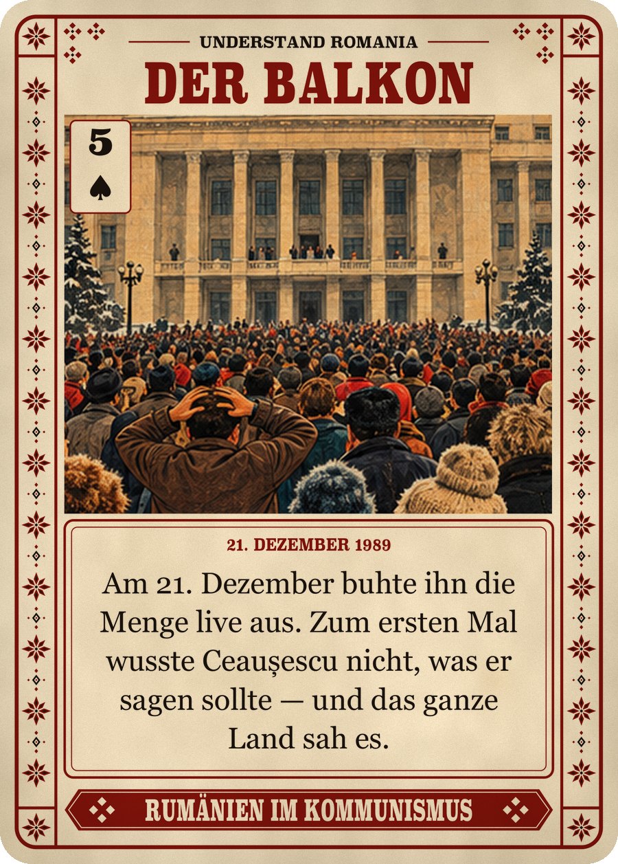 DER BALKON — 21. Dezember 1989. Am 21. Dezember buhte ihn die Menge live aus. Zum ersten Mal wusste Ceaușescu nicht, was er sagen sollte — und das ganze Land sah es.
