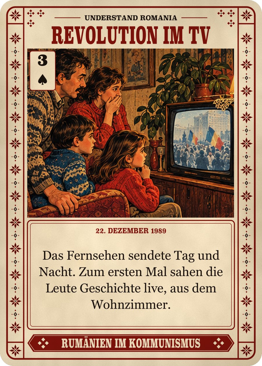 REVOLUTION IM TV — 22. Dezember 1989. Das Fernsehen sendete Tag und Nacht. Zum ersten Mal sahen die Leute Geschichte live, aus dem Wohnzimmer.