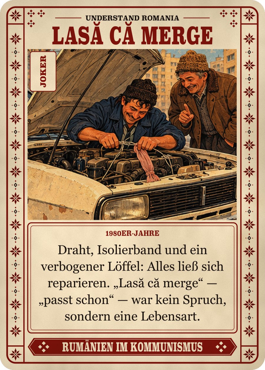 LASĂ CĂ MERGE — 1980er-Jahre. Draht, Isolierband und ein verbogener Löffel: Alles ließ sich reparieren. „Lasă că merge“ — „passt schon“ — war kein Spruch, sondern eine Lebensart.