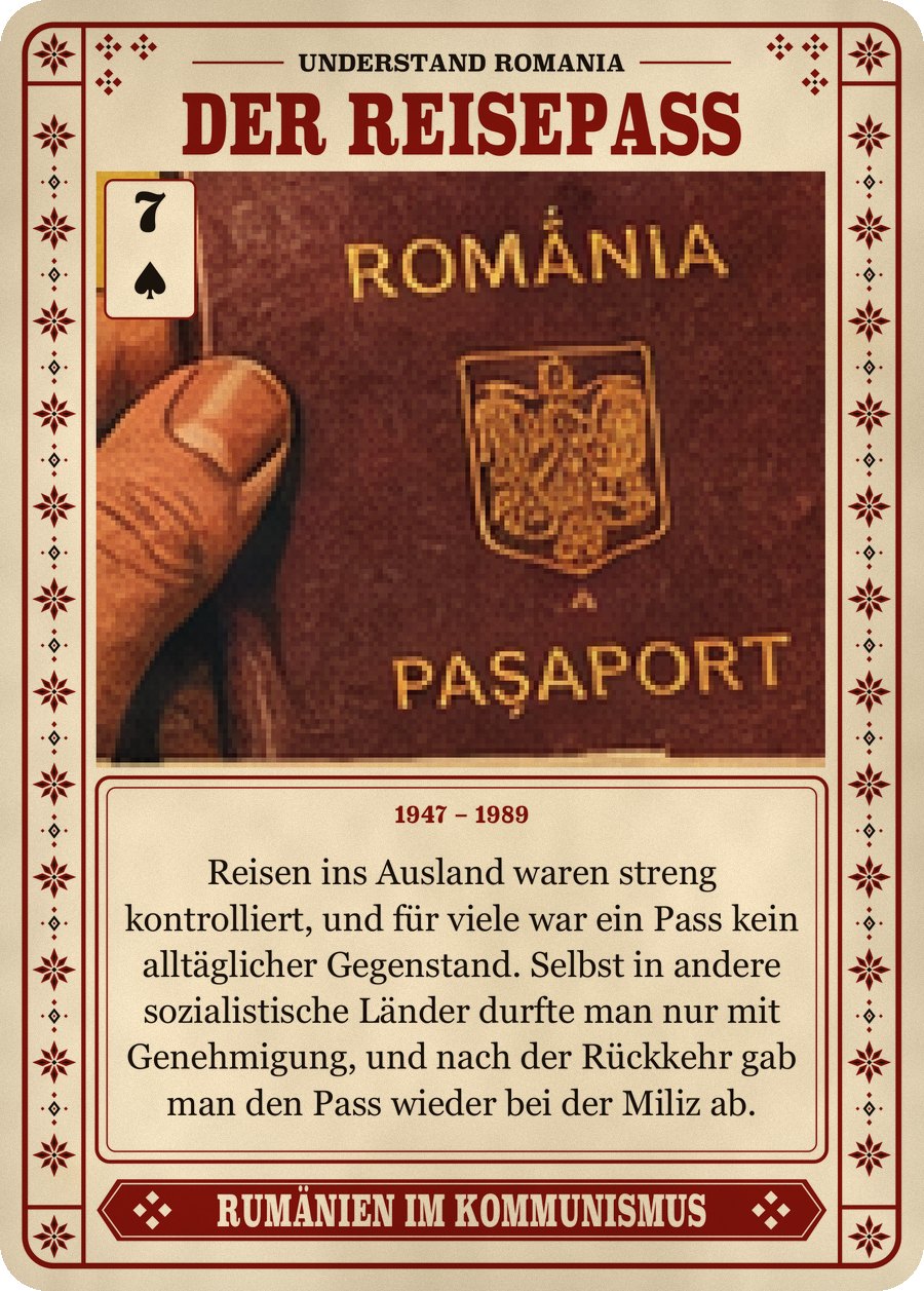 DER REISEPASS — 1947 – 1989. Reisen ins Ausland waren streng kontrolliert, und für viele war ein Pass kein alltäglicher Gegenstand. Selbst in andere sozialistische Länder durfte man nur mit Genehmigung, und nach der Rückkehr gab man den Pass wieder bei der Miliz ab.