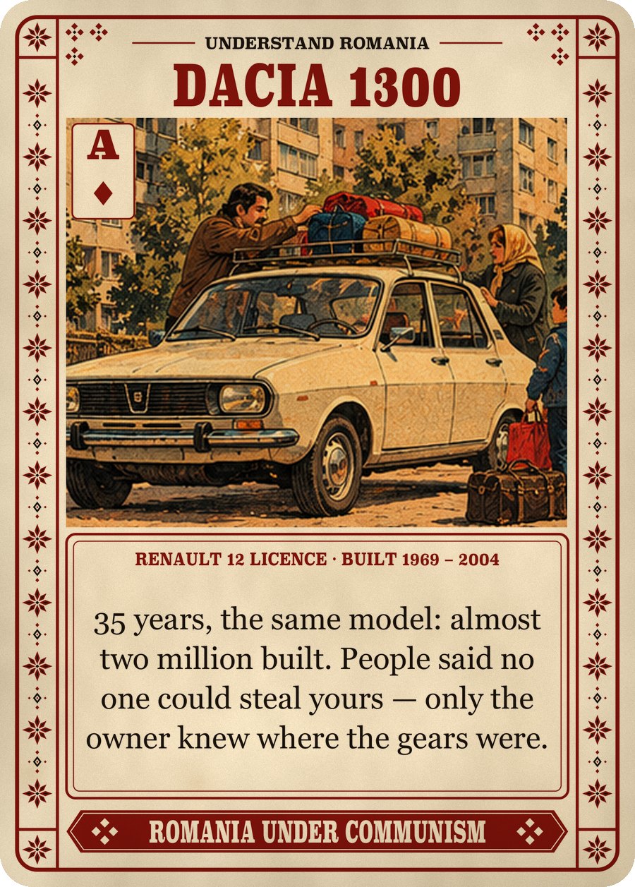 DACIA 1300 — Renault 12 licence · built 1969 – 2004. 35 years, the same model: almost two million built. People said no one could steal yours — only the owner knew where the gears were.