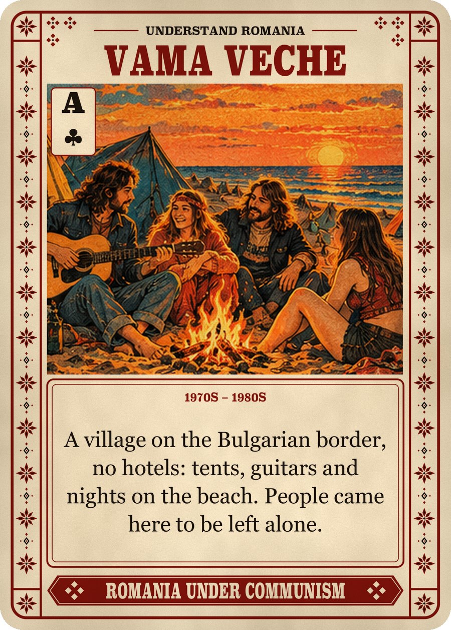 VAMA VECHE — 1970s – 1980s. A village on the Bulgarian border, no hotels: tents, guitars and nights on the beach. People came here to be left alone.