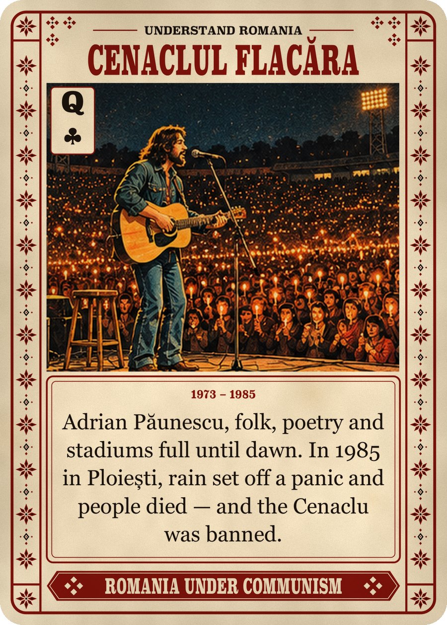 CENACLUL FLACĂRA — 1973 – 1985. Adrian Păunescu, folk, poetry and stadiums full until dawn. In 1985 in Ploiești, rain set off a panic and people died — and the Cenaclu was banned.