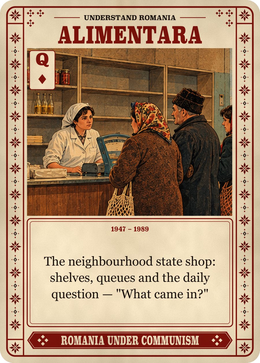 ALIMENTARA — 1947 – 1989. The neighbourhood state shop: shelves, queues and the daily question — "What came in?"