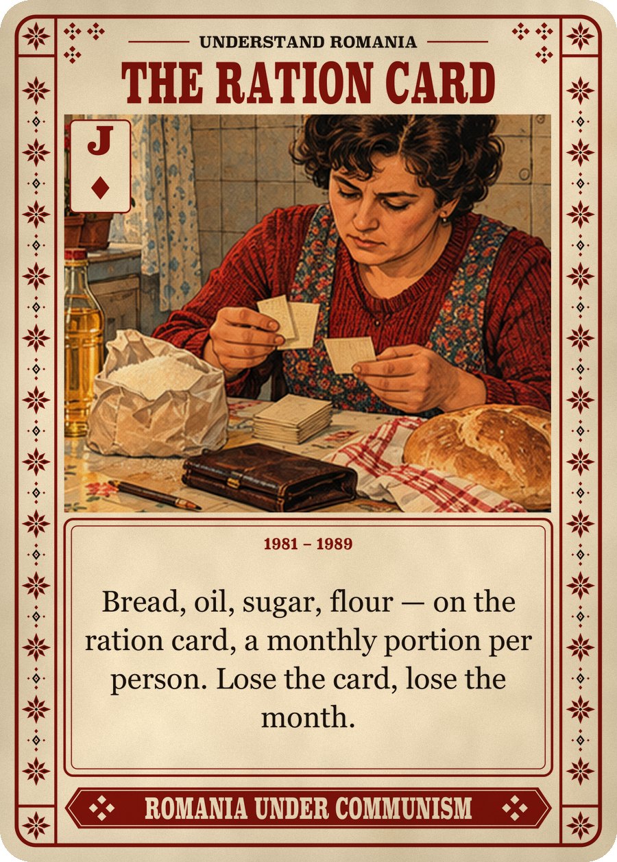 THE RATION CARD — 1981 – 1989. Bread, oil, sugar, flour — on the ration card, a monthly portion per person. Lose the card, lose the month.