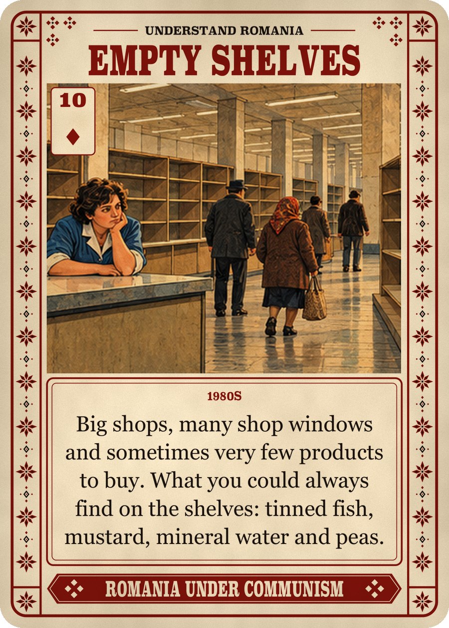 EMPTY SHELVES — 1980s. Big shops, many shop windows and sometimes very few products to buy. What you could always find on the shelves: tinned fish, mustard, mineral water and peas.