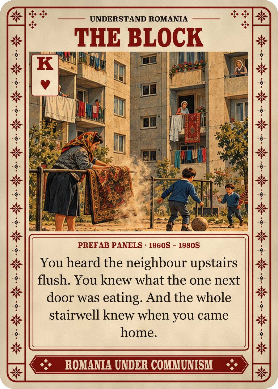 THE BLOCK — prefab panels · 1960s – 1980s. You heard the neighbour upstairs flush. You knew what the one next door was eating. And the whole stairwell knew when you came home.