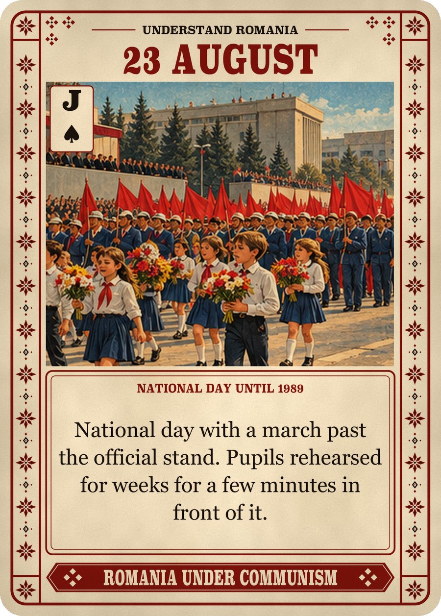 23 AUGUST — national day until 1989. National day with a march past the official stand. Pupils rehearsed for weeks for a few minutes in front of it.