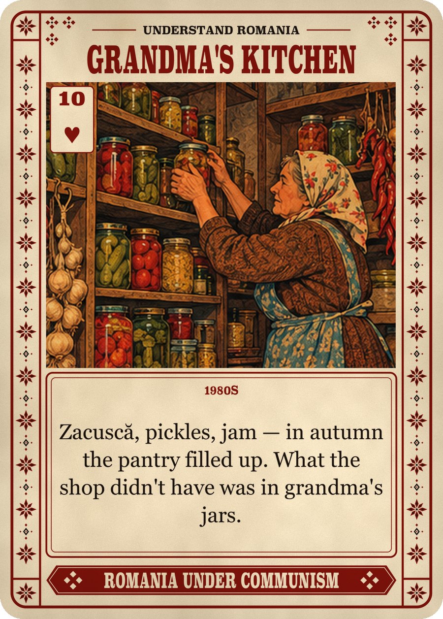 GRANDMA'S KITCHEN — 1980s. Zacuscă, pickles, jam — in autumn the pantry filled up. What the shop didn't have was in grandma's jars.