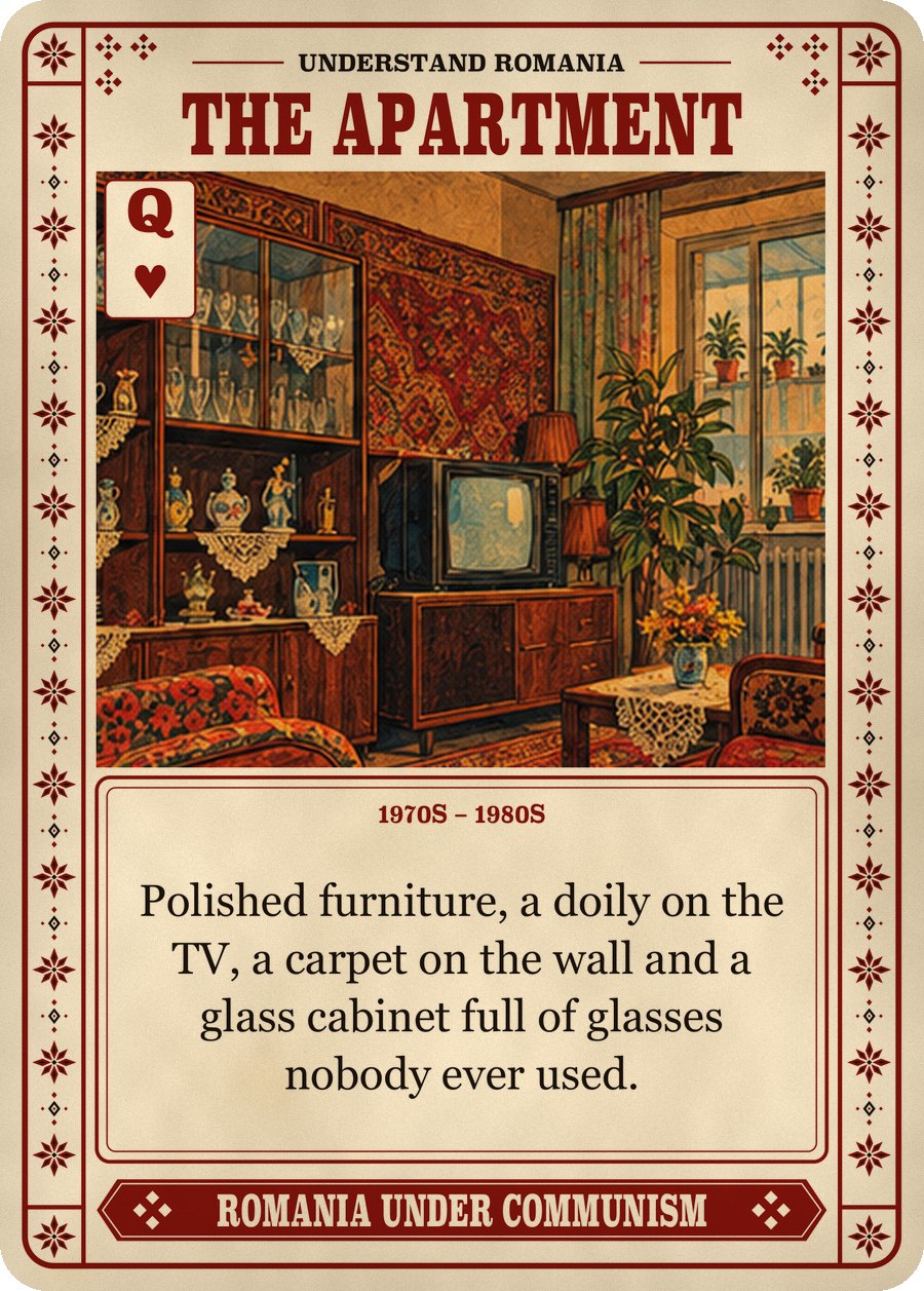 THE APARTMENT — 1970s – 1980s. Polished furniture, a doily on the TV, a carpet on the wall and a glass cabinet full of glasses nobody ever used.