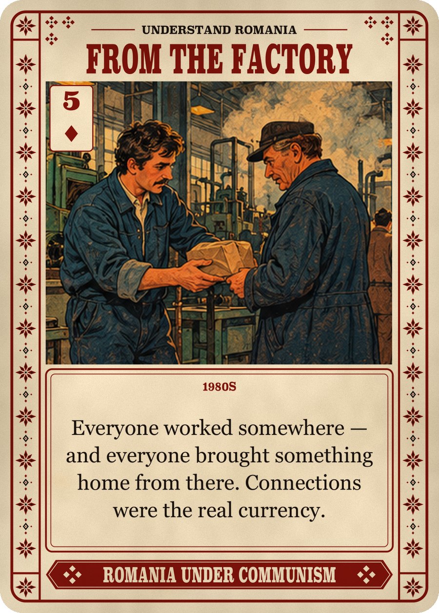FROM THE FACTORY — 1980s. Everyone worked somewhere — and everyone brought something home from there. Connections were the real currency.