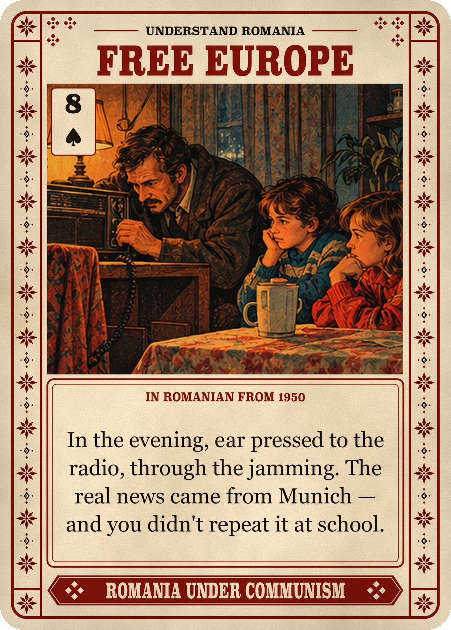 FREE EUROPE — in Romanian from 1950. In the evening, ear pressed to the radio, through the jamming. The real news came from Munich — and you didn't repeat it at school.