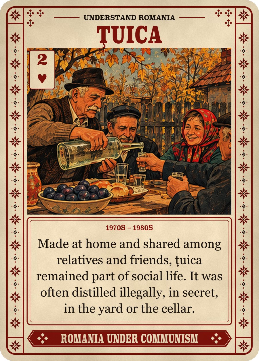 ȚUICA — 1970s – 1980s. Made at home and shared among relatives and friends, țuica remained part of social life. It was often distilled illegally, in secret, in the yard or the cellar.