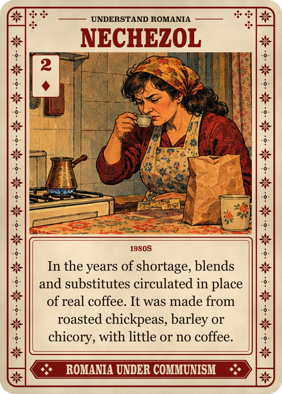 NECHEZOL — 1980s. In the years of shortage, blends and substitutes circulated in place of real coffee. It was made from roasted chickpeas, barley or chicory, with little or no coffee.