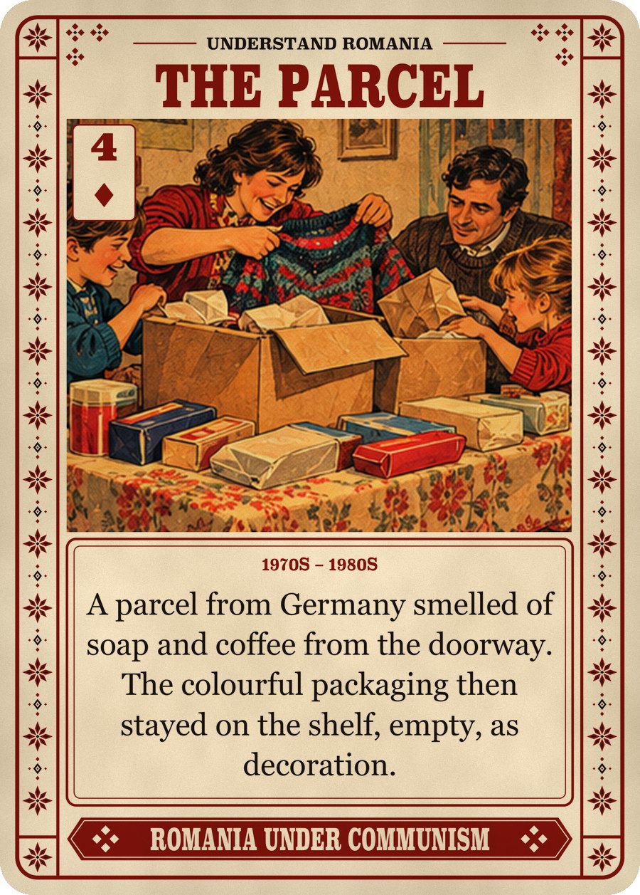 THE PARCEL — 1970s – 1980s. A parcel from Germany smelled of soap and coffee from the doorway. The colourful packaging then stayed on the shelf, empty, as decoration.